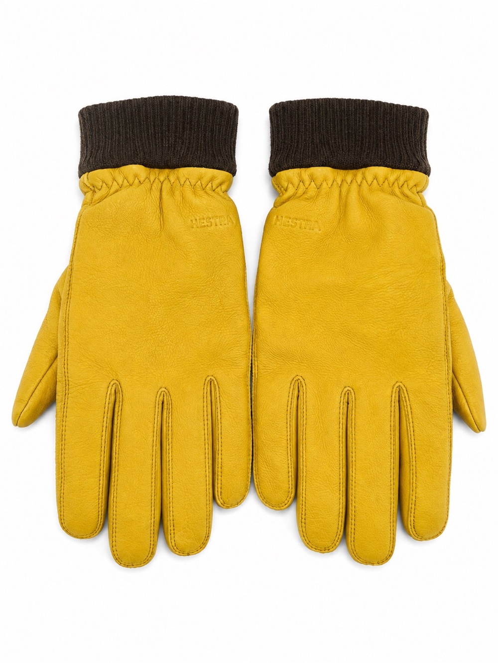 Hestra Yellow Leather Gloves with Dark Brown Cuffs